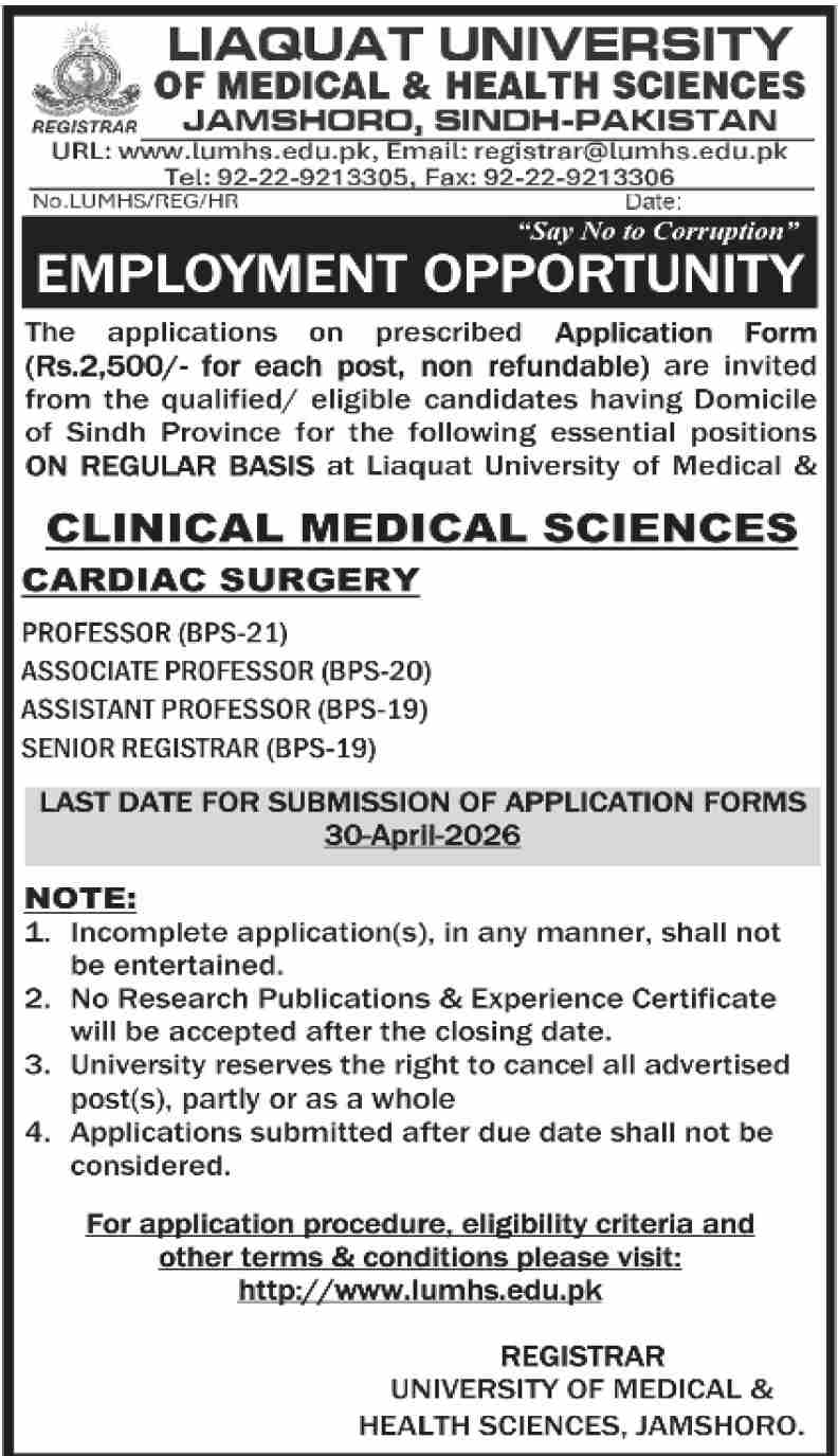 Professor (BPS-21), Associate Professor (BPS-20), Assistant Professor (BPS-19), Senior Registrar (BPS-19) - Jamshoro
